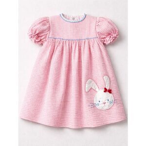 Petit Pomme pink & white stripe sear sucker dress with bunny Appliqué 6 months